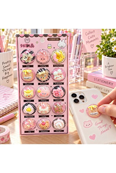 Hurbuy 15'li 3D Epoksi Taş Sticker - Pembe Tatlı Hayvanlar