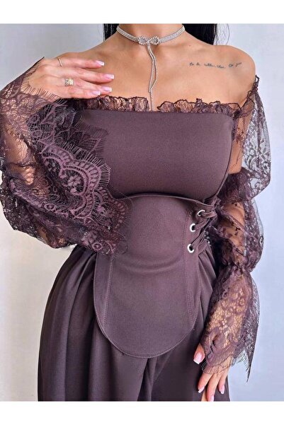 zoezoe Off-Shoulder Dantel Uzun Kollu Derin Yırtmaçlı Şık Gece Elbisesi