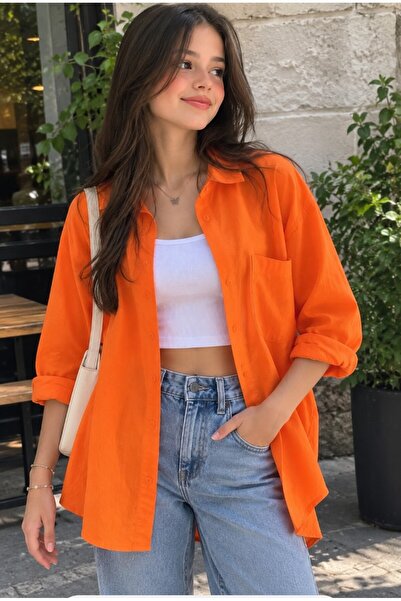 blackbonds Kadın turuncu Oversize Pamuklu Rahat Tek Cepli Keten Gömlek – Yeni...