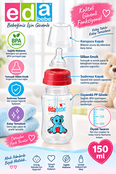 Eda Bebe 150 ml Polipropilen PP Biberon – BPA İçermez, Silikon Emzikli, Ölçek...