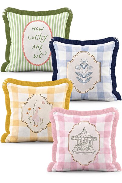 IdeCraft Pastel Plaid Goose Flower and Carousel Patterned 4-Piece Fringed Thr...