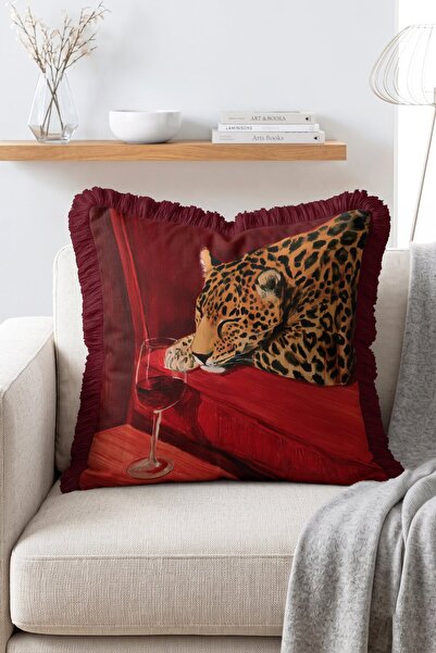 IdeCraft Velvet Leopard Leopar ve Kadeh Desenli Bordo Retro Saçaklı Kırlent K...