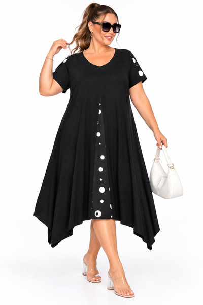 Trieste Plus Size Polka Dot Detailed Asymmetrical Cut Short Sleeve Women's Dress
