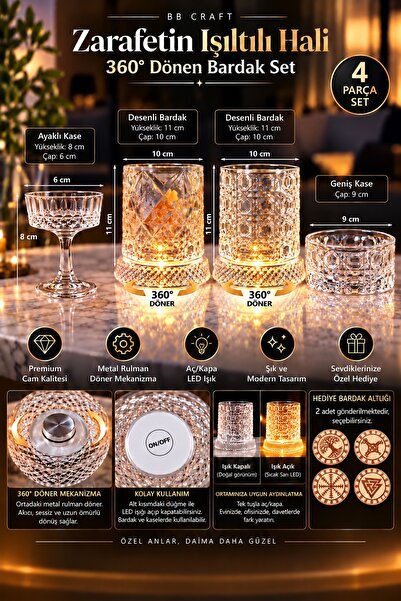 BB Craft 360° Dönen Işıklı Bardak Seti / 2 Adet Dönen Bardak + Kase + Ayaklı ...