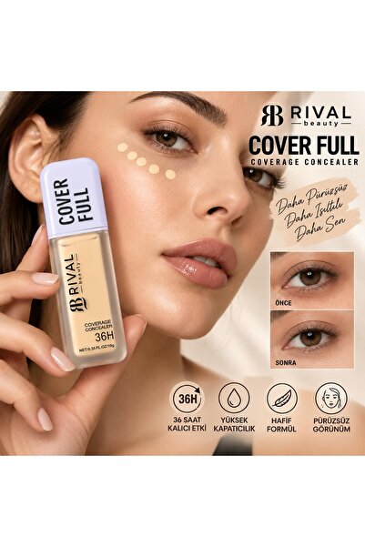 Rival Beauty Cover Full 36H Kapatıcı – Yüksek Kapatıcılık, Uzun Süre Kalıcı Likit Concealer 10 g