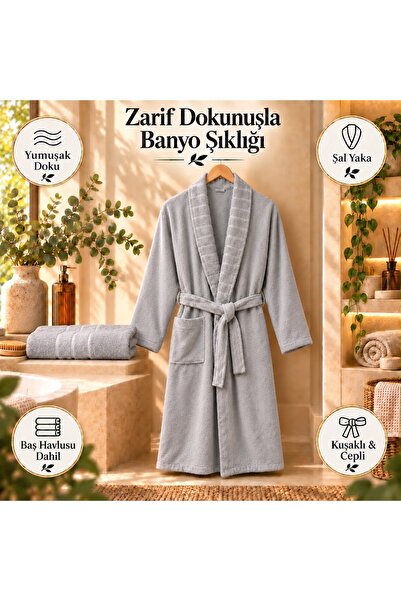 Efendioğlu Türcan Gri Şal Yaka Bornoz ve Baş Havlusu Seti – Kuşaklı ve CepliS/M