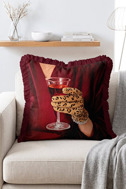 IdeCraft Leopard Hour Leopar Desenli Eldiven ve Kadeh Bordo Retro Saçaklı Kır...
