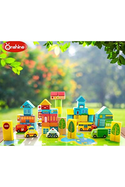 smile toys Set cuburi de constructie din lemn, 62 piese colorate , puzzle 6 piese , cutie cu capac sortator si saculet