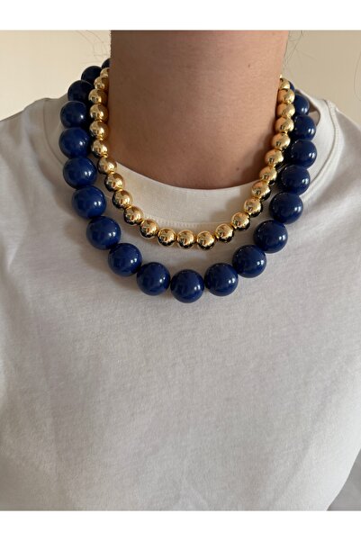venti design Saks Mavi & Gold Boncuk Kadın Kolye Set