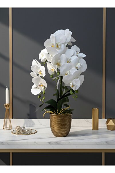 Yapay Orkide 55cm 3 Dallı Lüks Eskitme Gold Metal Saksıda Yapay Çiçek Masa Üstü Dekor Hediyelik