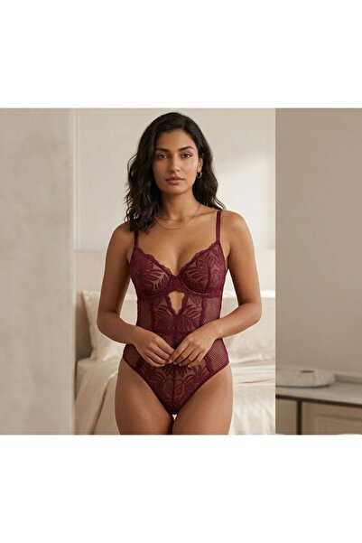 Bordo Dantel İşlemeli Balenli Transparan Bodysuit
