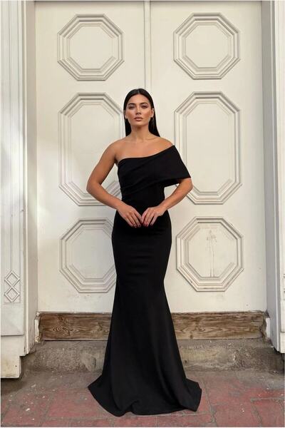 Şeker Portakalım Asymmetrical Fish Tail Evening Dress with Collar Cutout