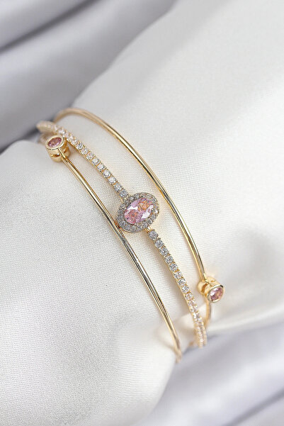 Lovesta Home Brass Zircon Stone Baguette Model Gold Color Women's Bracelet Tj...