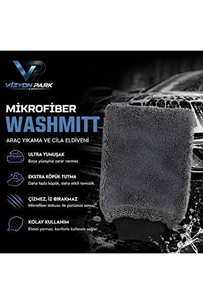 Vizyon Park WashMitt Mikrofiber Araç Yıkama ve Cila Eldiveni – Mikrofiber Yapı, Yoğun Köpük, Yumuşak Doku, Jant Cam ve Kaporta Temizliği