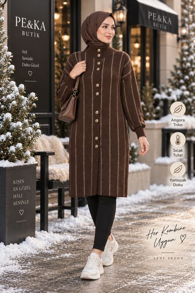 aymiraa Hijab Women's Vertical Striped Angora Soft Textured Winter Cardigan