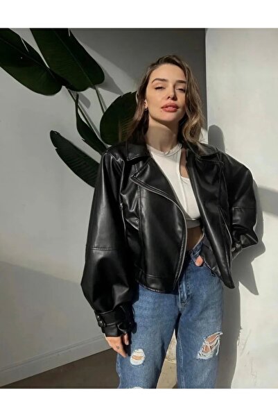 Reysamoda Kadın Siyah Oversize Deri Ceket