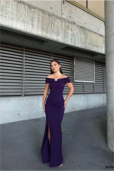 Şeker Portakalım Halter Detailed Evening Dress Stone Dress Collar