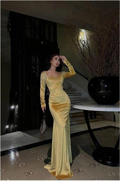 Şeker Portakalım Flexible Kayık Evening Dress Velvet Fabric Dress Collar