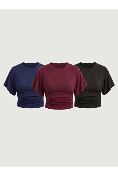 MAXIMILLIAN Women's Bat Sleeve Basic Tight 3-Piece Crop Blouse