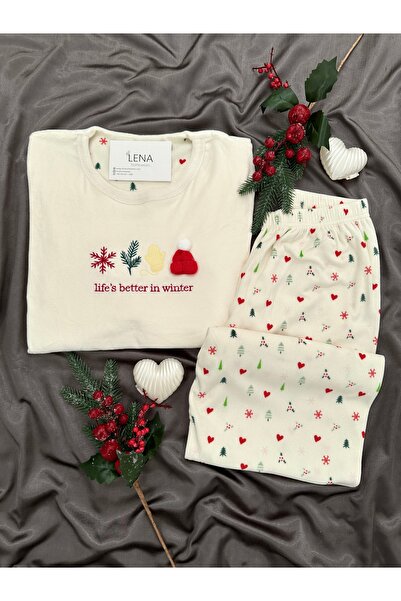 Lena Homewears Ecru Christmas Patterned French Velvet Pajama Set