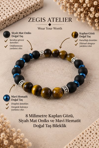 Zegisatelier Kaplan Gözü Mat Oniks ve Hematit Doğal Taş Bileklik - Unisex Bil...