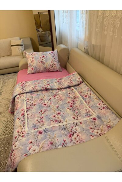 ELFİNA HOME Sürpriz Yastık& Misafir Pike Takımı Pembe Çiçek Desenli-4 Parça