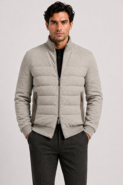 Made in Italy Erkek Fermuarlı Dik Yaka %100 Yün Mont U008197 Krem