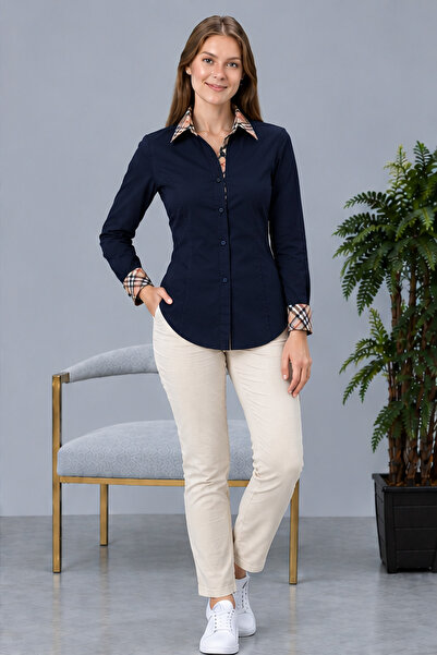FARQIN Navy Blue Cotton Satin Beige Brbry Collar Cuff Back Skirt Detailed Sli...
