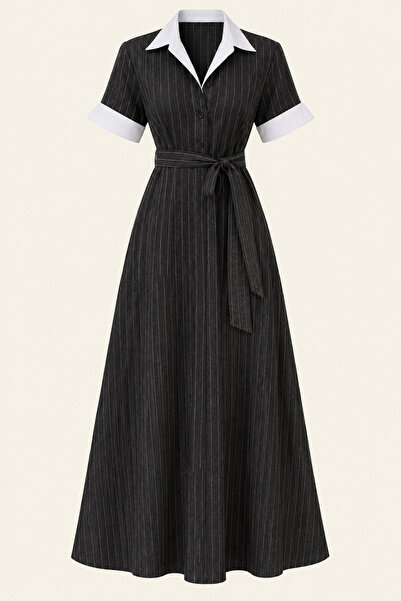 Julidress White Shirt Collar (Removable) Belted Maxi Long Striped Gray Dress