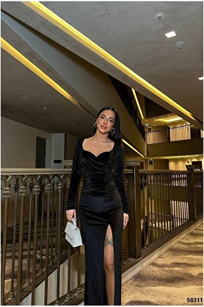 Şeker Portakalım Flexible Slit V Evening Dress Velvet Fabric Dress Collar