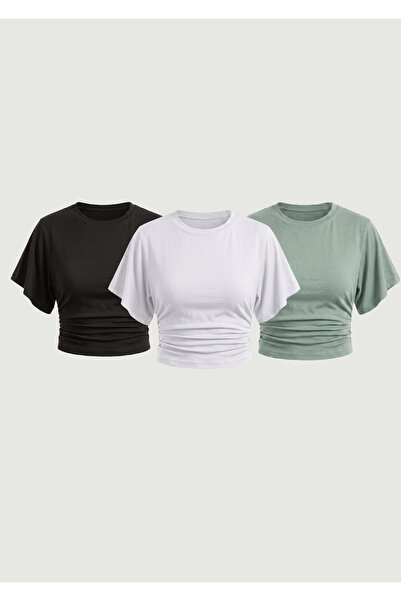 MAXIMILLIAN Women's Bat Sleeve Basic Tight 3-Piece Crop Blouse