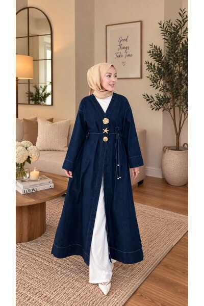 AST Kadın Kuşaklı Kot Kimono Gold Aksesuar Detaylı Uzun Kimono