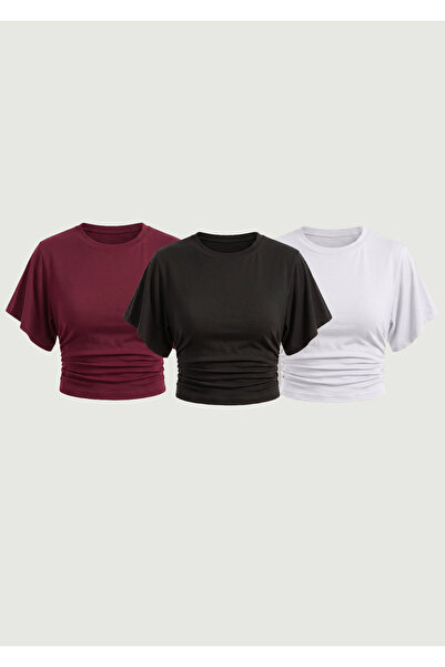 MAXIMILLIAN Women's Bat Sleeve Basic Tight 3-Piece Crop Blouse