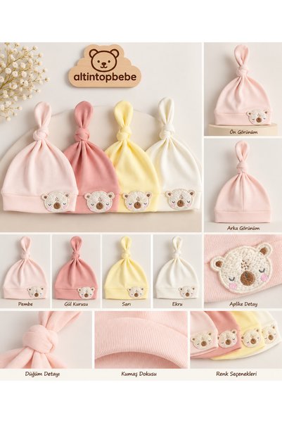 altıntop bebe قبعة للأطفال حديثي الولادة مع تطريز على شكل دب، 4 ألوان، قبعة للأطفال حديثي الولادة