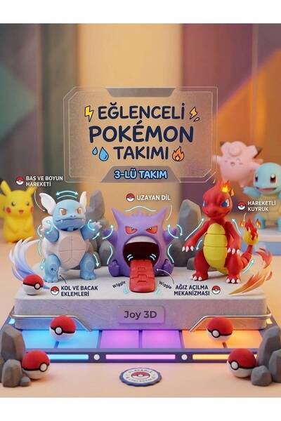 JOY 3D 3'lü Hareketli Mini Oyuncak Pokemon Figür Seti - Gengar Wartotle Chari...