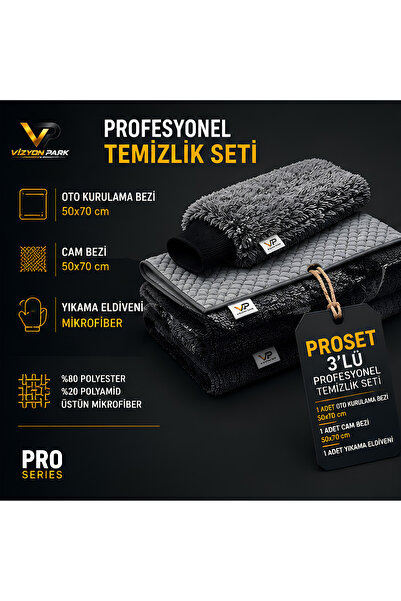 Vizyon Park ProSet Mikrofiber Oto Yıkama Temizleme Seti | Araç Kurulama Havlusu + Otomobil Cam Bezi + Araba Yıkama Eldiveni Paketi, Profesyonel Araç Bakım Seti (3'lü Set)