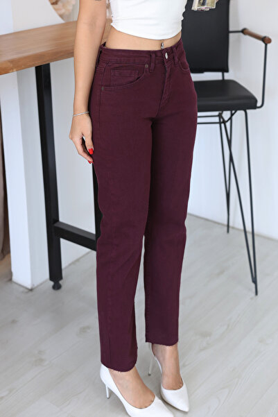 deqfashion Women's Plum Cuffed Lycra Boyfit Jean Trousers High Waist