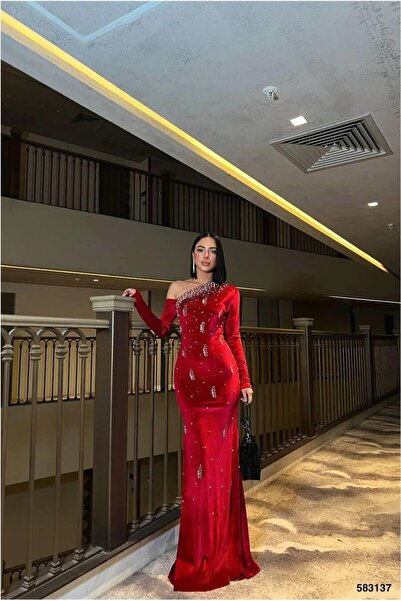 Şeker Portakalım Flexible One-Piece Evening Dress with Velvet Fabric Shoulders