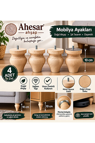 AHESAR TİCARET Ahesar Ahşap 10 cm Mobilya Ayağı 4’lü Set – Doğal Ahşap Dekora...