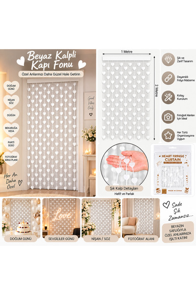 Ezgi Party Store Beyaz Kalpli Kapı Fonu Perde 1x2 Metre Kalp Süs Doğum Günü N...