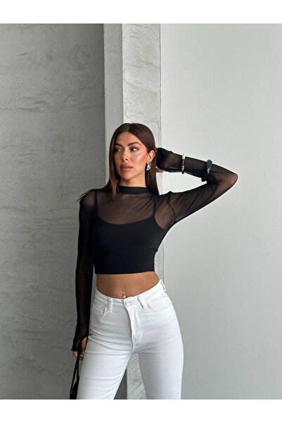 Perry Boutique Μακρυμάνικη μπλούζα από τούλι με λεπτομέρεια εσωτερικού φανελά...