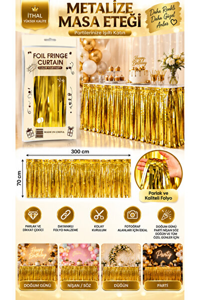Ezgi Party Store Gold Metalize Masa Eteği 70x300 cm Parlak Folyo Püsküllü Mas...