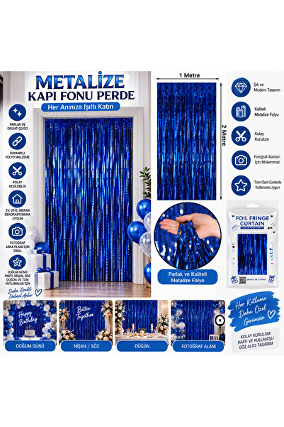 Ezgi Party Store Lacivert Metalize Kapı Fonu Perde 1x2 Metre Parlak Folyo Püs...