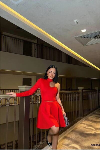 Şeker Portakalım Bicycle Evening Dress with Collar and Belt, Long Mini Sleeves