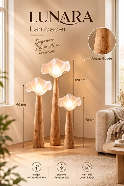 EDESİNG Lunara Ahşap Lambader 3'lü Set (Ampul Hediyeli)