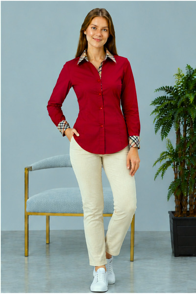 FARQIN K. Red Cotton Satin Beige Brbry Collar Cuff Back Skirt Detailed Slim F...