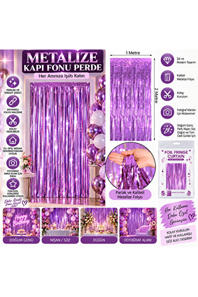 Ezgi Party Store Mor Metalize Kapı Fonu Perde 1x2 Metre Parlak Folyo Püskül D...