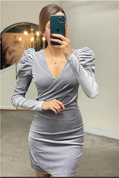 Butik Kadın Şık Tasarım Kadife Kumaş Kruvaze Yaka Büzgülü Abiye Elbise