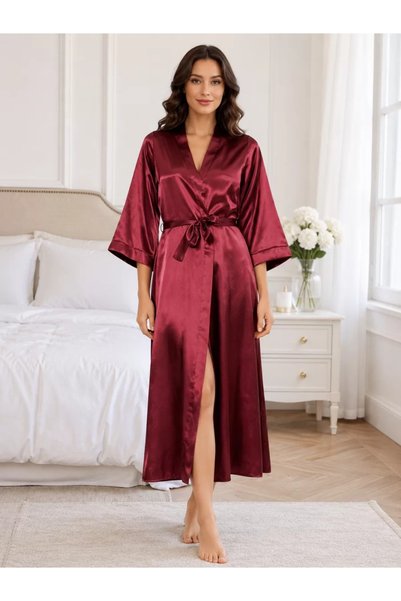 Generic Brand Burgundy Long Satin Dressing Gown Elegant Women's Home Wear