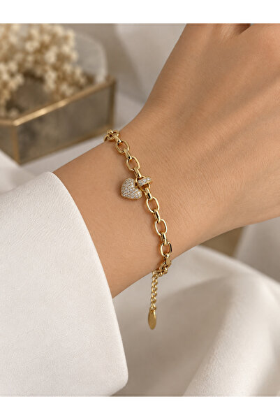 Kadın Gold Renk Işıltılı Zirkon Taşlı Kalp Charm Zincir Bileklik & Takı Standı Hediyeli